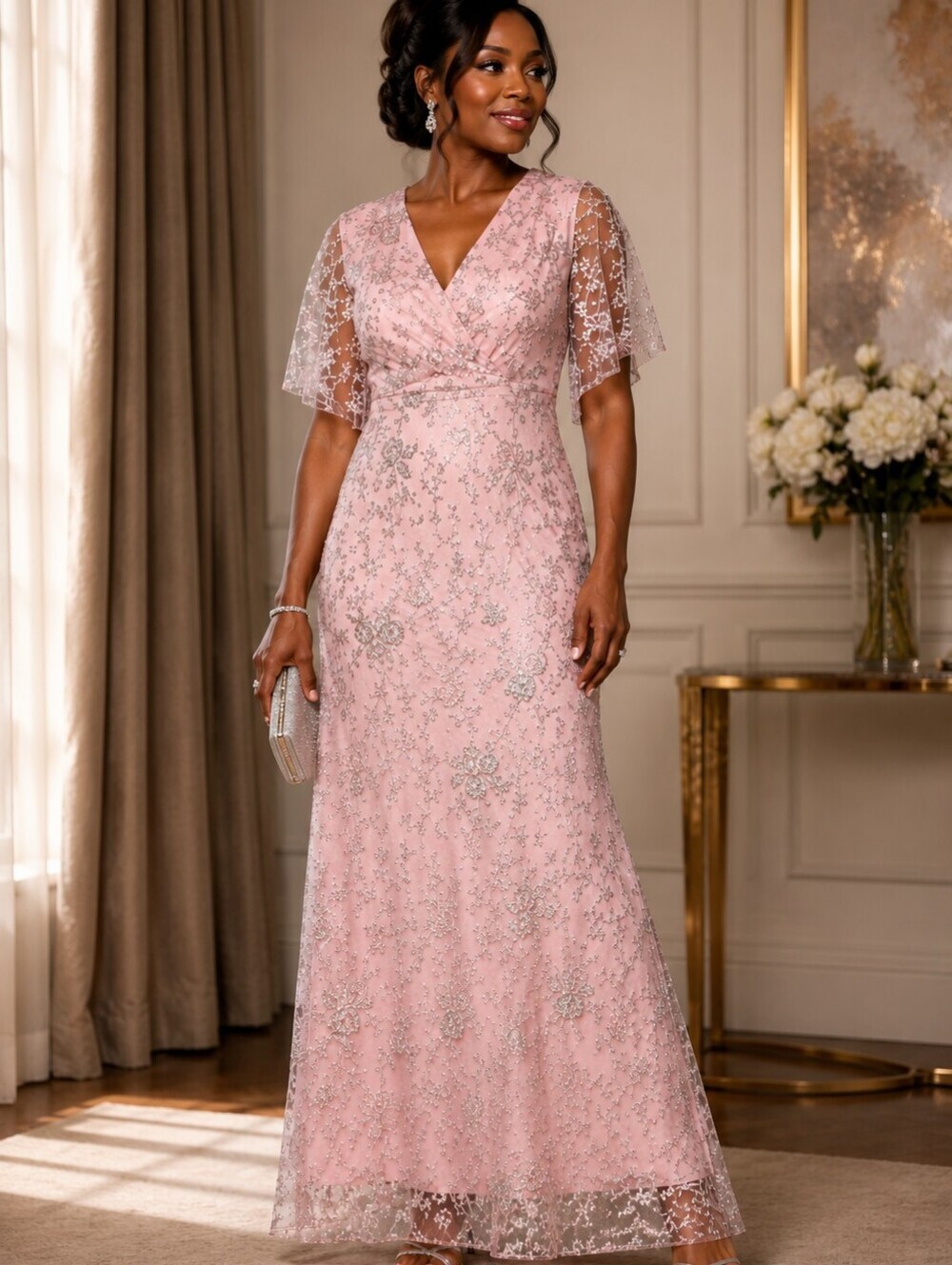 SL Fashions Pink Embellished V-Neck Maxi Dress